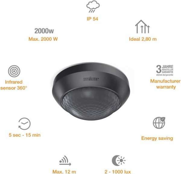 Motion Detector is 360-3 Black, 2000 W Capacity, 360?? PIR Sensor, 12 m Range, LED Suitable, Ceiling Mounting - Image 4