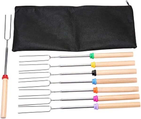 Janememory 8pcs Marshmallow Roasting Stick, Stainless Steel Telescopic Roasting Sticks, Wooden Handle Extendable BBQ Forks with Portable Bag, for Camping Hunting Hiking - Image 3