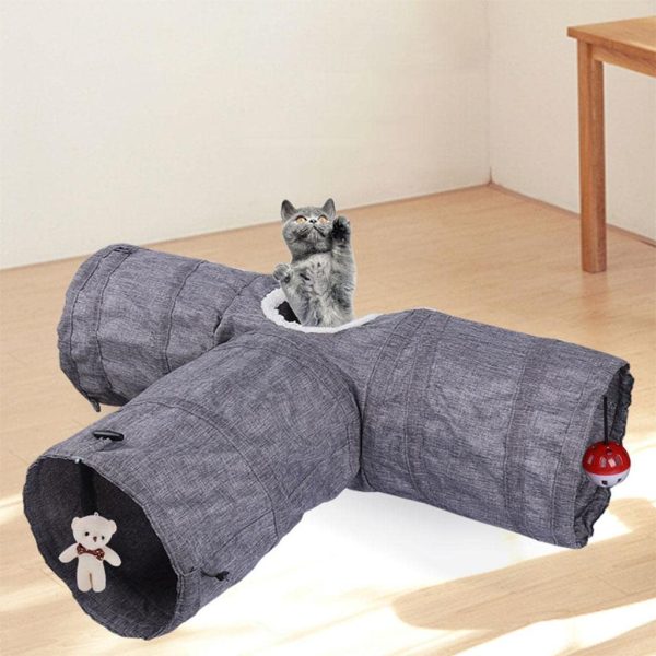 Homyl Cat Tunnel Toy 3 Way, Premium 3 Way Collapsible Pet Play Tunnel Tube with Ball Plush Bear for Cats, Puppy, Rabbits - Gray - Image 7