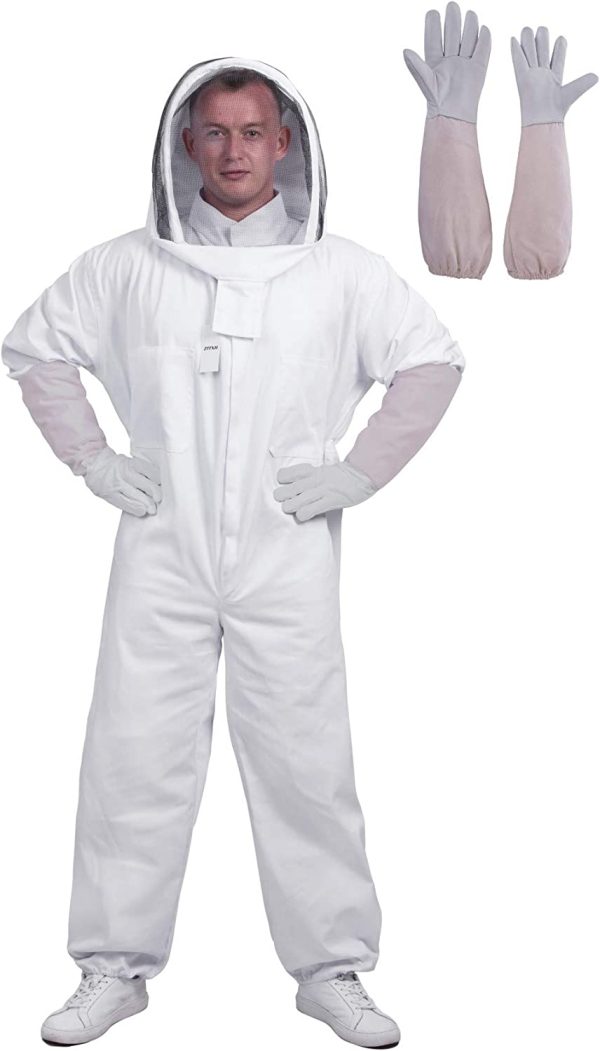 HunterBee Suit and Glove 2 in 1/ Professional White Cotton Full Body Beekeeping Beekeeper Suit with Veil Hood, Self-Supporting Veil - Image 4