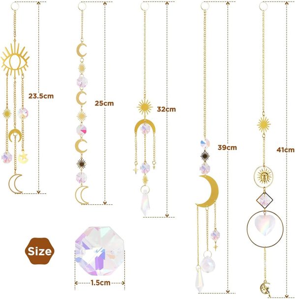 Simpeak 5 Packs Suncatcher Pendant Hanging Crystal Prisms, Gold Alloy Chain+Moon+Sun+Prism Ball Rainbow Sun Catcher Prisms, 5 Different Styles Assorted Packing