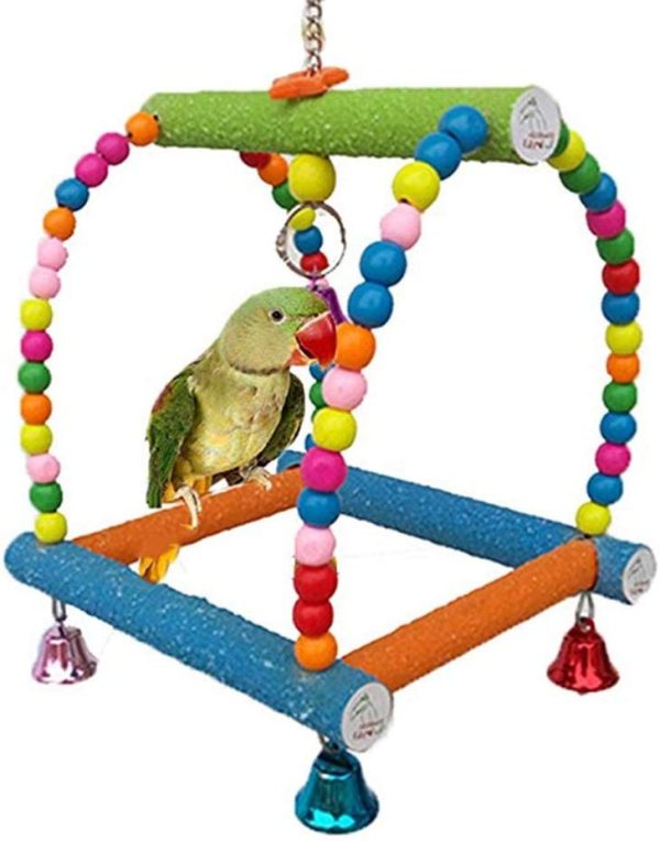 POPETPOP Bird Perch Swing Ladder Toy for Parrot Parakeet Cockatiel Conure Cockatoo African Grey Macaw Amazon Lovebird Finch Cage Perch Stand - Large Random Color - Image 4