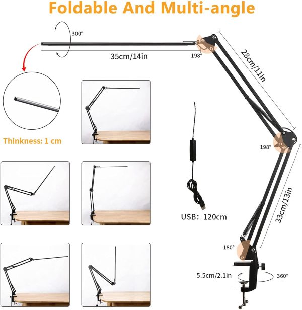 LED Desk Lamp,brightower Adjustable Swing Arm Table Lamp with Clamp,Eye-Caring Architect Desk Light,Dimmable Lamp for Home Office with USB,3 Lighting Modes with 10 Brightness Levels,12W - Image 2