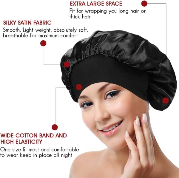 MAG 2pcs Silk Bonnet with Soft Elastic Band, Breathable Satin Hair Bonnet for Sleeping Suitable for Long, Straight and Curly Hair (Vine & Black) - Image 2