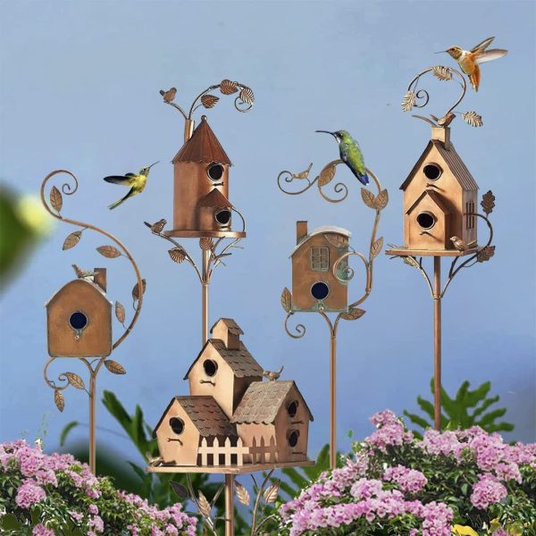 Outdoor Metal Bird House with Pole, Bird House, Birdhouse Garden Stakes for Outside with Pole (A) - Image 3