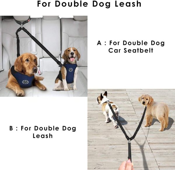 SlowTon Double Dog Seat Belt, New Dual Pet Car Headrest Restraint Safety Seatbelt No Tangle Dog Leash Duty Adjust Elastic Bungee Puppy Lead Splitter Connect Harness in Vehicle Travel for 2 dogs (Black) - Image 4