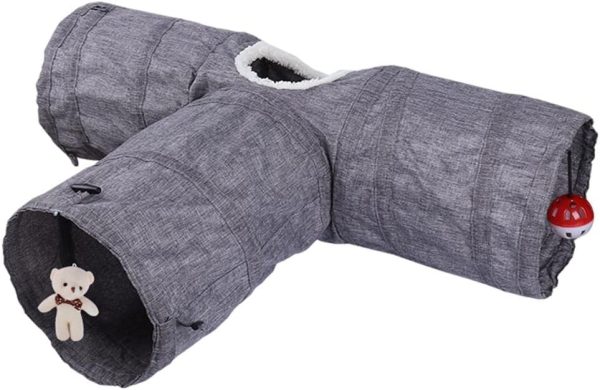 Homyl Cat Tunnel Toy 3 Way, Premium 3 Way Collapsible Pet Play Tunnel Tube with Ball Plush Bear for Cats, Puppy, Rabbits - Gray