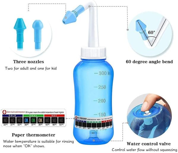 Darate Neti Pot Sinus Rinse Bottle 300 ML, Nose Wash Cleaner Pressure Rinse Nasal Irrigation for Adult & Kid BPA Free with Sticker Thermometer (300ml Bottle) - Image 6