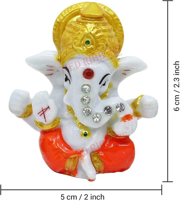 Tied Ribbons Mini Ganesha Statue Sculpture Idol for Car Dashboard Home Temple Decor (2 X 2.3 Inch , L X H)