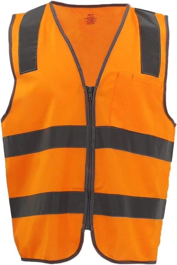 Hi Vis Safety Zip Up Vest Reflective Tape Pocket Workwear Day Night Visibility