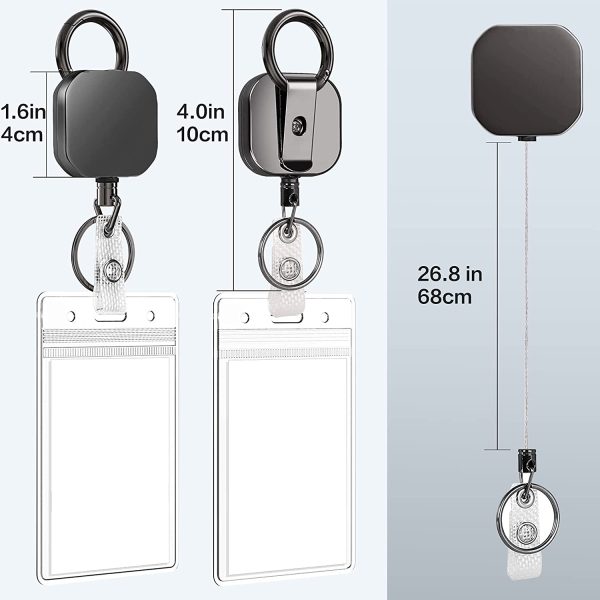 FYY (2 Pack) Metal Heavy Duty Retractable Badge Holders Reel with [Carabiner] [Key Chain Keychain] and [ID Card Holders] 26.8 inches Reinforced Wire Cord - 2 Squares - Image 3