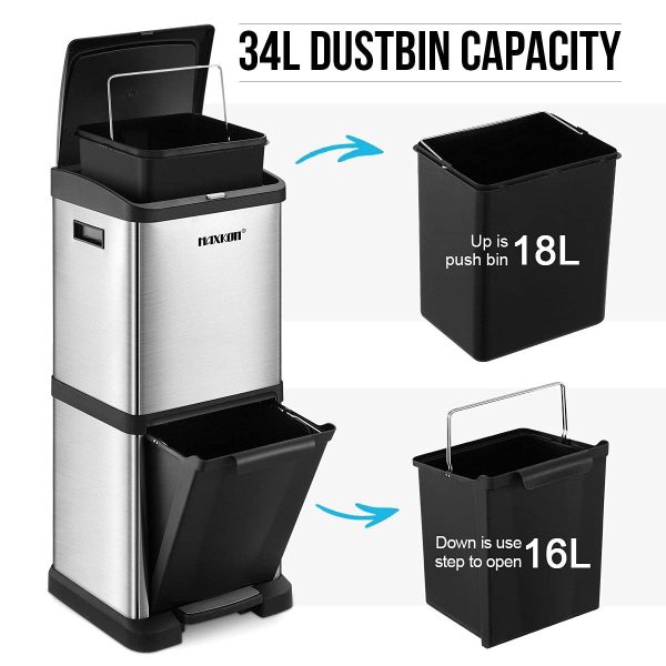 Maxkon 34L Dual Rubbish Bin Pedal Kitchen Waste Bin Trash Can Dustbin Garbage Stainless Steel Sliver - Image 5