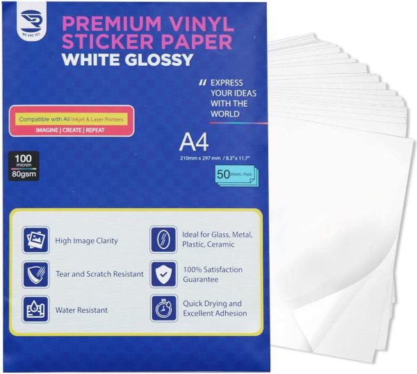 Printable Vinyl Sticker Paper ? Glossy A4 Stickers Paper ? Top Notch 50 Self-Adhesive Vinyl Sheets ? Thickness 100 Micron ? Waterproof Label ? Best for Inkjet & Laser Printer - Image 4