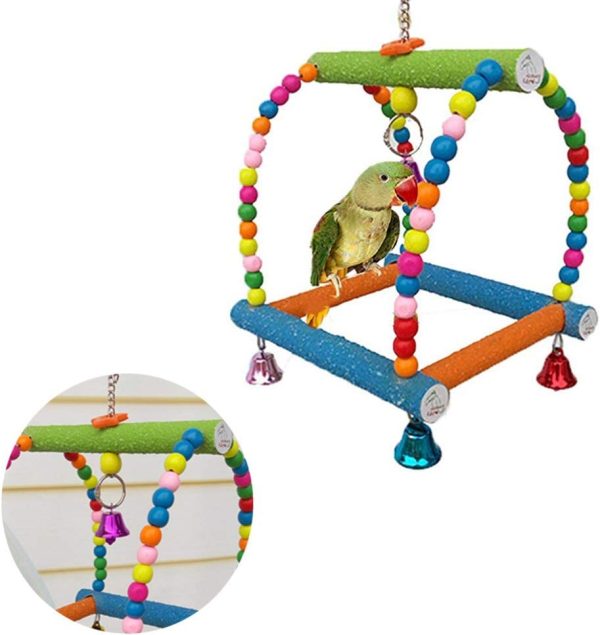 POPETPOP Bird Perch Swing Ladder Toy for Parrot Parakeet Cockatiel Conure Cockatoo African Grey Macaw Amazon Lovebird Finch Cage Perch Stand - Large Random Color - Image 2