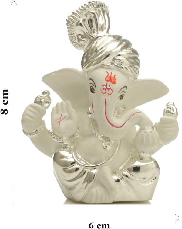 Silver Plated Pagdi Ganesha for Car Dashboard Lord Ganesh Ganpati Idols Home Decor Gifts for Family and Friends (Size 8 x 6 cm) - Image 3