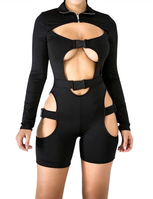 Womens Long Sleeve Bodycon Jumpsuit Buckle High Neck Zipper One Piece Romper Biker Clubwear - Image 6