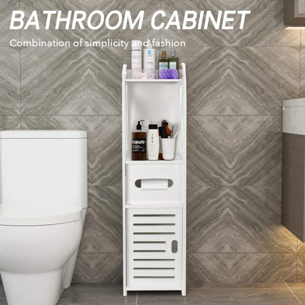 Small Bathroom Storage Corner Floor Cabinet with Doors and Shelves, Thin Toilet Vanity Cabinet, Narrow Bath Sink Organizer, Towel Storage Shelf for Paper Holder, White - Image 8