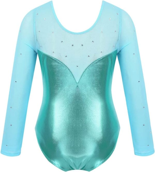 IEFIEL Kids Girls Shiny Rhinestone Mesh Long Sleeve Gymnastic Leotard Metallic Ballet Leotard Yoga Skating Bodysuit - Image 2