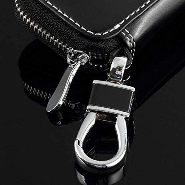 Car Key case for Mercedes-Benz,Genuine Leather Car Smart Key Chain Keychain Holder Metal Hook and Keyring Zipper Bag for Remote Key Fob - Black for Chevrolet - Image 2