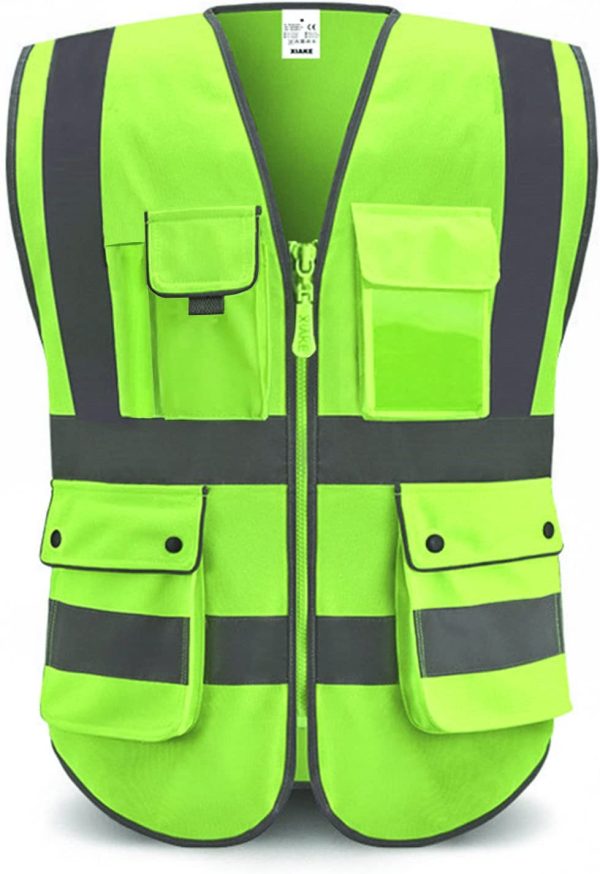 Class 2 High Visibility Safety Vest with 9 Pockets, Zipper Front, ANSI/ISEA Standards, Green, Small