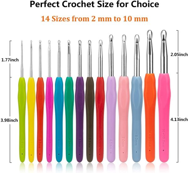 Luxebell Crochet Hooks Set 14 Sizes, 2mm(B)-10mm(N) Ergonomic Crochet Hooks Soft Grip Crochet Handles, Extra Long Large-Eye Blunt Knitting Needles Kit with Case for Women Gift 34 Pcs - Image 6