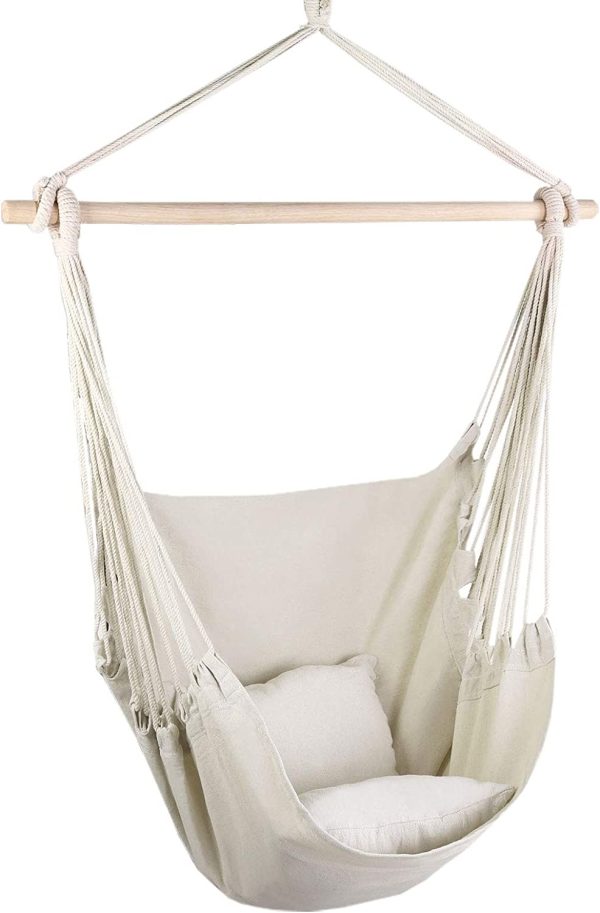 Garden Hammock Chair Hanging Rope Swing, Max 120kg Capacity, 2 Seat Cushions Included, Hanging Chair for Bedroom Living Room Porch Patio Garden Indoor Outdoor-Cream - Image 3