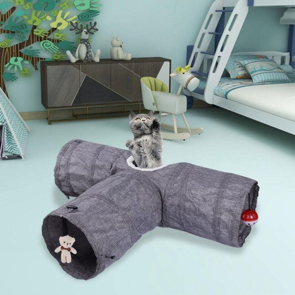 Homyl Cat Tunnel Toy 3 Way, Premium 3 Way Collapsible Pet Play Tunnel Tube with Ball Plush Bear for Cats, Puppy, Rabbits - Gray - Image 4