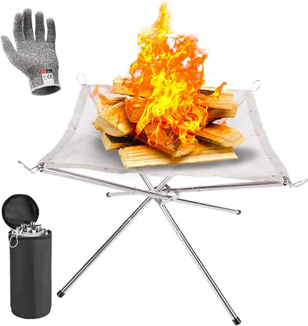 Outdoor Fire Pit, 22inch Collapsing Stainless Steel Mesh with Cut Resistant Gloves and Carrying Bag for Camping, Firepit for Garden Fireplace, Portable Fire Pit