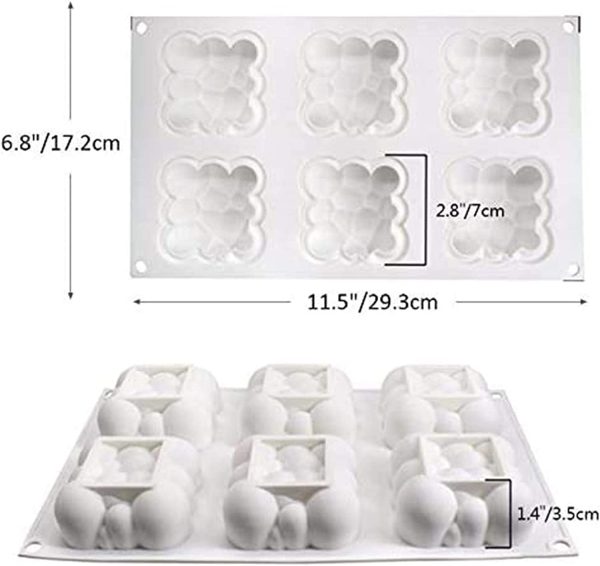 Silicone Mould for Chocolate 3D Bubbles Clouds 6 Cavities Square Baking Molds Cloud Mousse Cake Mold Dessert Cake Tin Moulds for Jelly Candy Truffle Muffin Pudding Ice Cream Bombe - Image 3