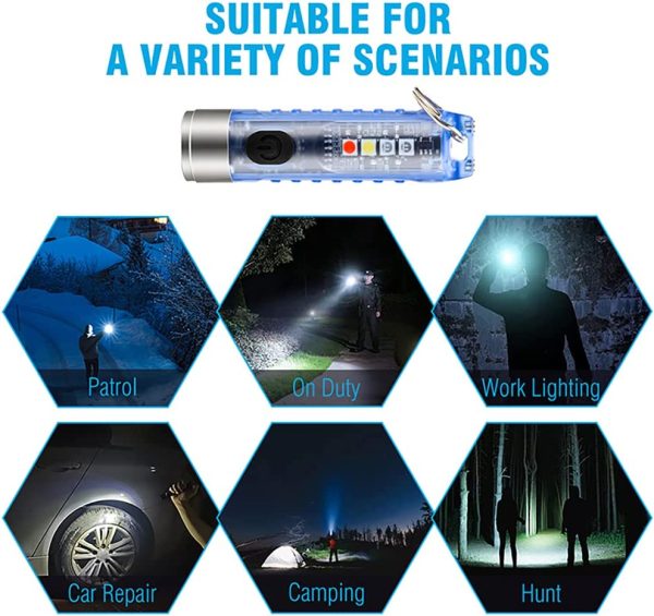 Mini Led Flashlight, Handheld Flashlight, 400 Lumens Outdoor EDC Rechargeable High Bright Multi-Functional Keychain Flashlight, with UV Light and Warning Light, P65 Water Resistant for Camping Hiking (White) - Image 3