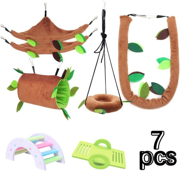 LZYMSZ 7PCS Hamster Hammock, Small Animals Hanging Warm Bed House Cage Nest Accessories with Hanging Tunnel,Swing, Cableway,Arch Bridge, Seesaw for Rat Bird Parrot Squirrel Playing Sleeping