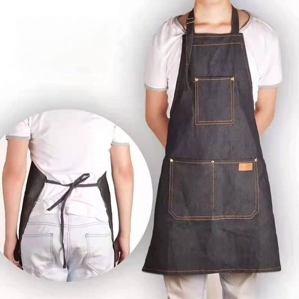 Denim Apron with Pockets, Black Adjustable Bib Apron Work Apron, Unisex Jean Apron for Kitchen Baking, Woodworking, Chef, BBQ or Barbers (1 Pack)