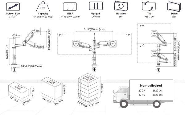 New NB H160 Dual Monitor Desk Mount Stand Full Motion Swivel Monitor Arm Gas Spring for 17''- 27'' Computer Monitor from 2kg to 9kg Per Arm - Image 9