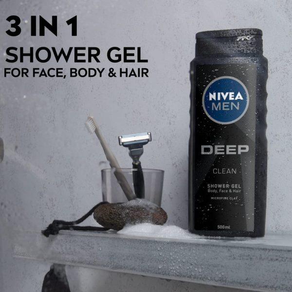 NIVEA MEN DEEP Clean 3 in 1 Shower Gel & Body Wash formulated with Microfine Clay 500ml - Image 4