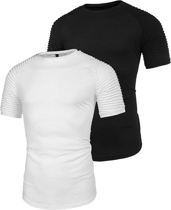 COOFANDY Mens 2 Packs Fitted T-Shirts Pleats Sleeve Muscle Workout Shirt Longline Gym Tee - Image 2