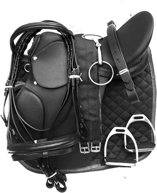 Lussoro Leather English Riding Horse Saddle Starter Kit for Horse Riding Gift Set Black (Size 16) - Image 3