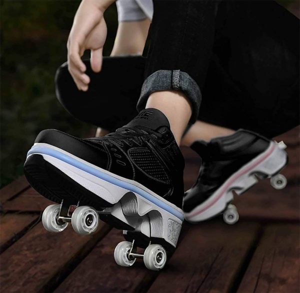 LDTXH Double-Row Deform Wheel Automatic Walking Shoes Invisible Deformation Roller Skate 2 in 1 Removable Pulley Skates Skating Rollerskates Outdoor Parkour Shoes with Wheels for Girls Boys - Image 4