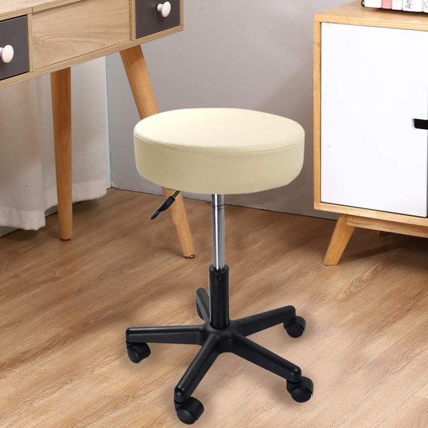 KKTONER Round Rolling Stool PU Leather Height Adjustable Swivel Drafting Work SPA Medical Salon Stools Chair with Wheels Beige - Image 3