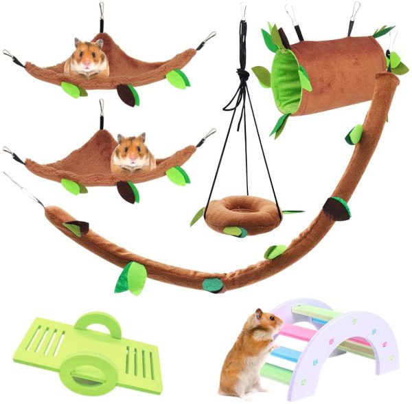 LZYMSZ 7PCS Hamster Hammock, Small Animals Hanging Warm Bed House Cage Nest Accessories with Hanging Tunnel,Swing, Cableway,Arch Bridge, Seesaw for Rat Bird Parrot Squirrel Playing Sleeping - Image 3