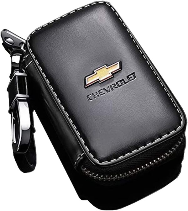 Car Key case for Mercedes-Benz,Genuine Leather Car Smart Key Chain Keychain Holder Metal Hook and Keyring Zipper Bag for Remote Key Fob - Black for Chevrolet - Image 4