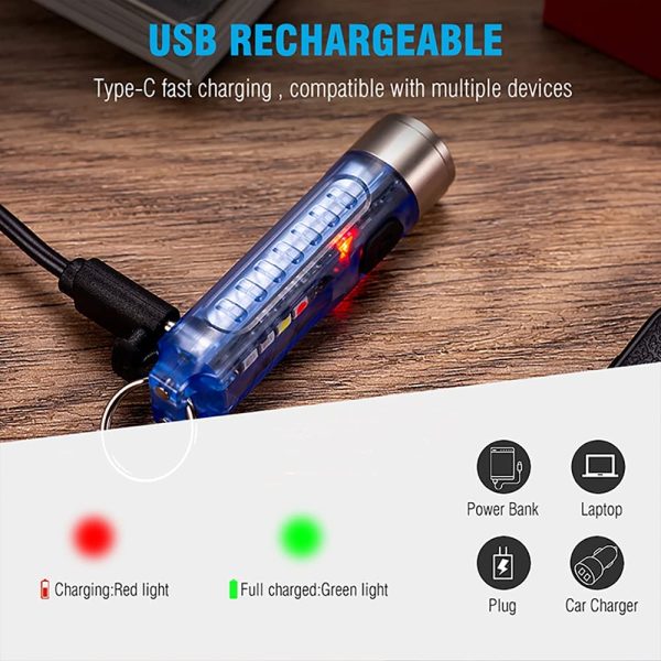 Mini Led Flashlight, Handheld Flashlight, 400 Lumens Outdoor EDC Rechargeable High Bright Multi-Functional Keychain Flashlight, with UV Light and Warning Light, P65 Water Resistant for Camping Hiking (White) - Image 2