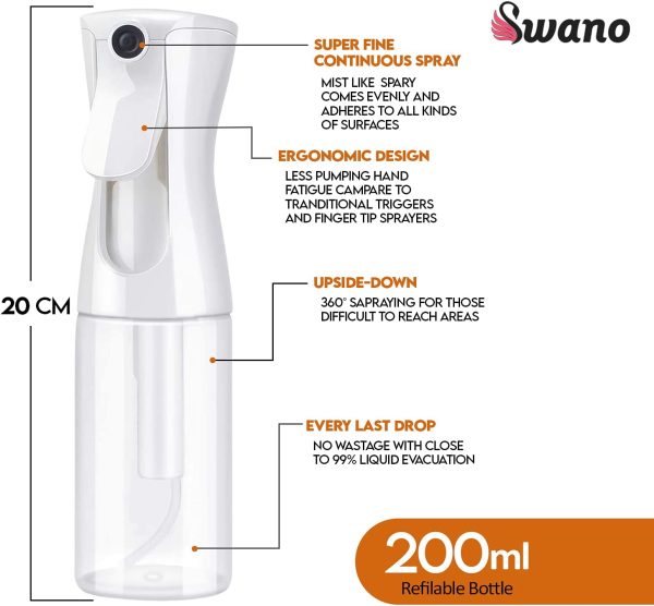 Swano Hair Spray Bottle 200ML White, Empty Continuous Mist Bottle for Cleaning, Hair Curling, Plants and Skin Care - Image 2