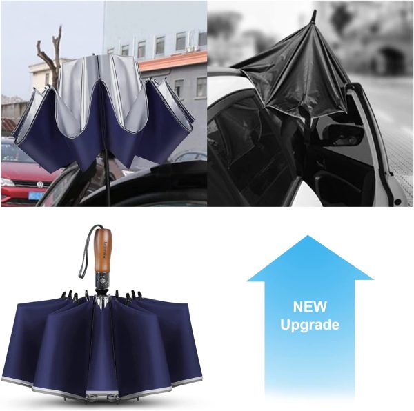 Lejorain Large Reversible Umbrella -50 Inch Windproof Folding Inverted Umbrella - Auto Open/Close with Safety Reflective Strip(Black/Blue) - Image 6