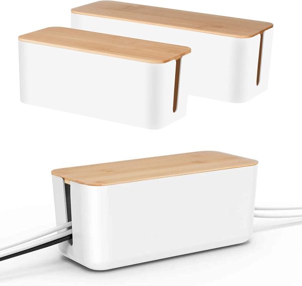 Set of Two Cable Management Box by , Bamboo Lid, Cord Organizer for Desk TV Computer USB Hub System to Cover and Hide & Power Strips & Cords (White) - Image 3