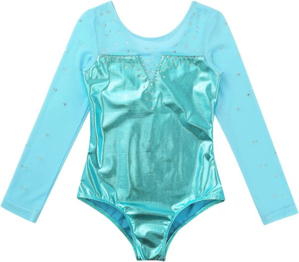 IEFIEL Kids Girls Shiny Rhinestone Mesh Long Sleeve Gymnastic Leotard Metallic Ballet Leotard Yoga Skating Bodysuit - Image 3