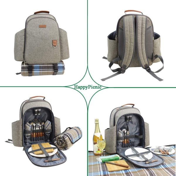 HappyPicnic Insulated Picnic Backpack for 2 Persons with Full Set of Tablewares, Roomy Cooler Compartment, Bottle Holders and Large Waterproof Picnic Rug (Brushed Grey) - Image 2