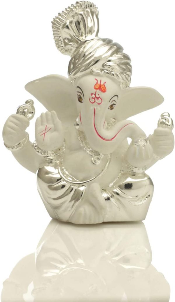 Silver Plated Pagdi Ganesha for Car Dashboard Lord Ganesh Ganpati Idols Home Decor Gifts for Family and Friends (Size 8 x 6 cm)