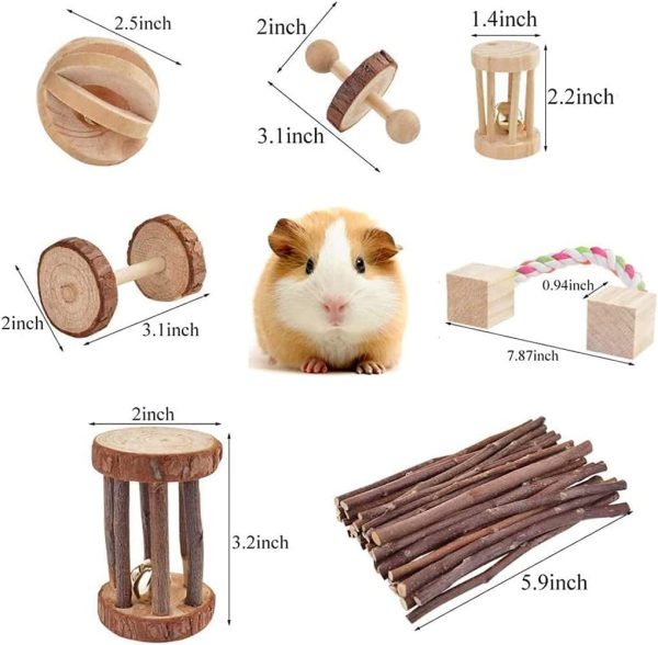 Hamster Chew Toys, Guinea Pig Toys,ChinchillaToys,Rabbits Toys,7 Pack Natural Wooden Pine Accessories Dumbells Exercise Bell Roller Teeth Care Molar Toy for Rats - Image 2