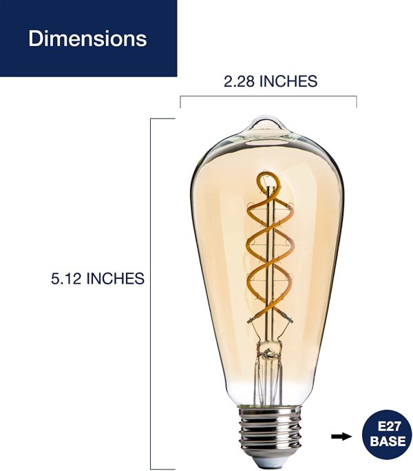 LED Edison Bulbs, ST58 Vintage Spiral Filament Light Bulbs, 4W(40W Equivalent), E27 Base, CRI 90, Non-Dimmable, 2200K Warm White, Amber Glass, 4 Pack - Image 6