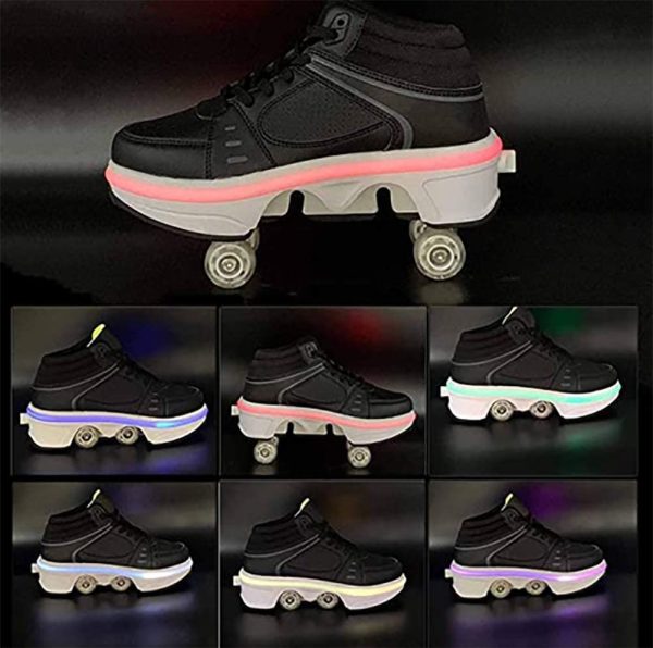 LDTXH Double-Row Deform Wheel Automatic Walking Shoes Invisible Deformation Roller Skate 2 in 1 Removable Pulley Skates Skating Rollerskates Outdoor Parkour Shoes with Wheels for Girls Boys - Image 5